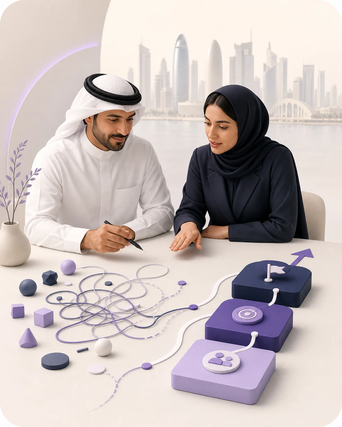 Two Qatar business professionals simplifying complex ideas into a clear strategic plan